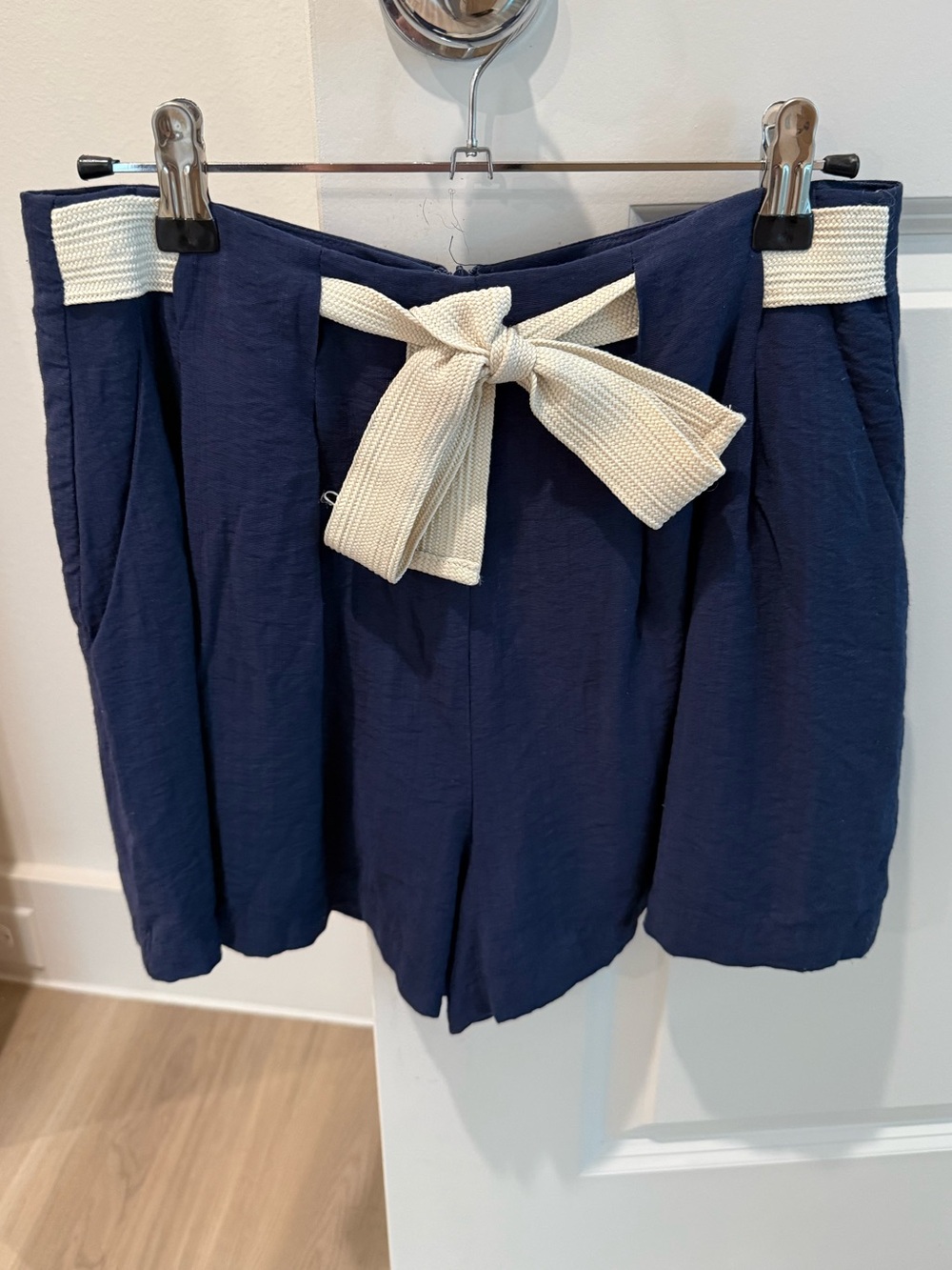 All in Favor Navy High-Waist Shorts with Cream Tie